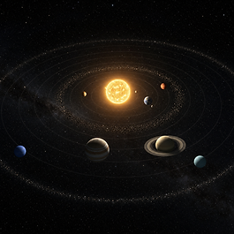 Fotorealistische Übersicht des Sonnensystems mit leuchtender Sonne im Zentrum, den acht Planeten entlang der flachen Bahnebene, Saturnringen und dunklem Sternenraum.