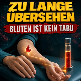 Wissenschaftswelle-Cover: Eine ruhende Hand, ein leuchtendes Blutstropfen-Signal und ein Laborröhrchen stehen für die oft übersehene Abklärung von Blutungsstörungen bei Frauen.