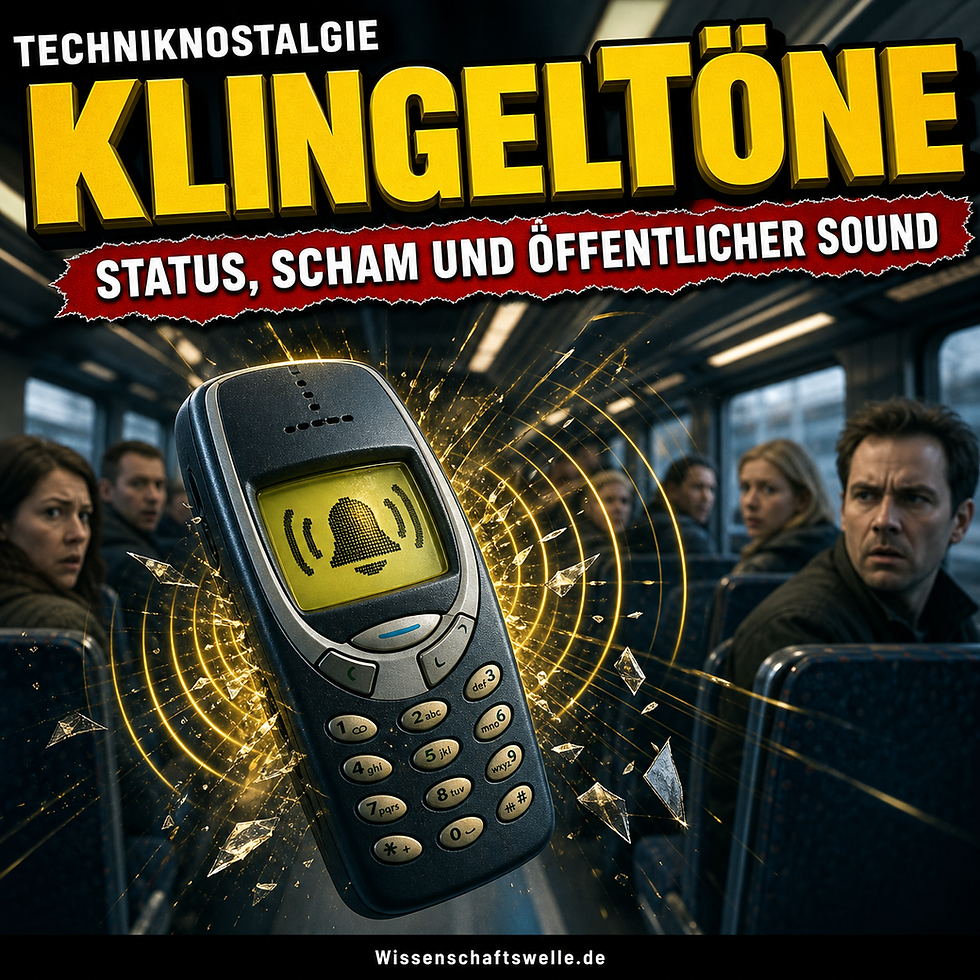 Ein altes Mobiltelefon klingelt grell in einem Zugabteil, während goldene Schallwellen nach außen schlagen und Fahrgäste irritiert aufblicken.