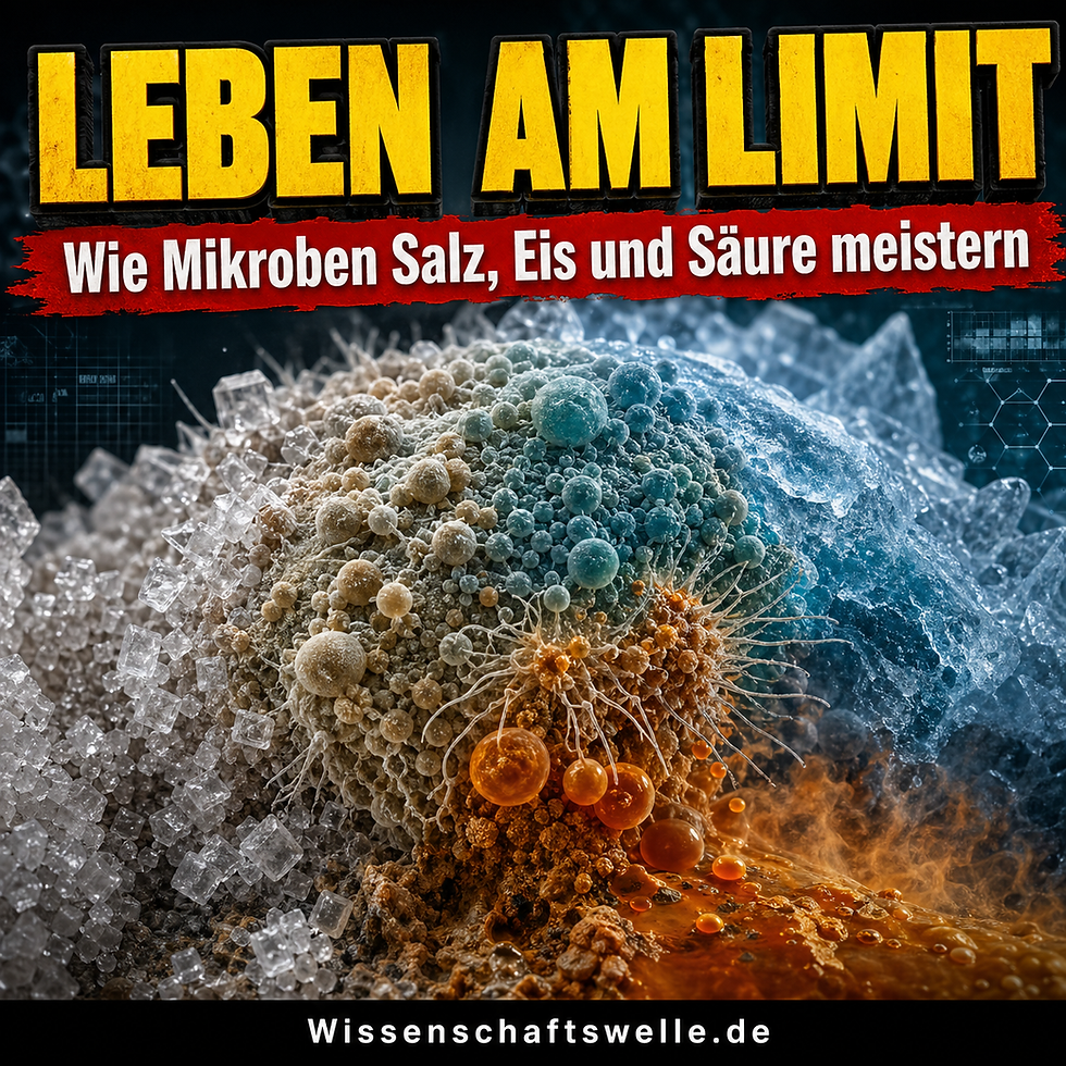 Quadratisches Cover mit der großen gelben Überschrift „Leben am Limit“, rotem Banner „Wie Mikroben Salz, Eis und Säure meistern“ und einem zentralen mikrobiellen Motiv zwischen Salzkristallen, Eis und orangefarbener Säurelandschaft.