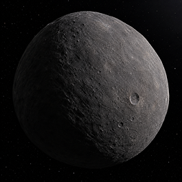 Fotorealistische Nahansicht des dunklen Asteroiden Hygiea mit fast kugelförmiger, matt-kohlenstoffreicher Oberfläche, wenigen flachen Kratern und sanftem Streiflicht vor schwarzem Weltraum.