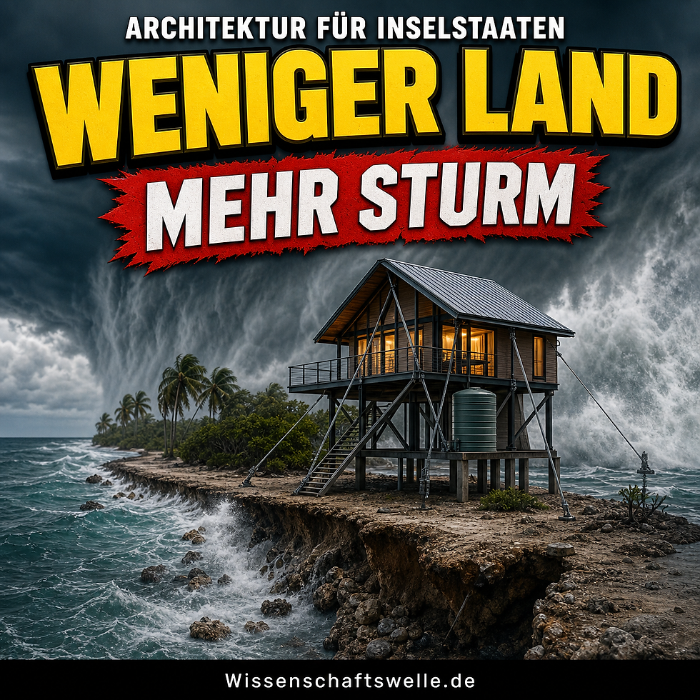 Quadratisches Cover mit einem erhöhten Haus auf einer schmalen Inselkante vor einer gewaltigen Sturmwand, gelber Überschrift „WENIGER LAND“ und rotem Banner „MEHR STURM“.