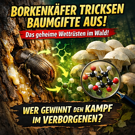 Realistisches Titelbild zum Thema Borkenkäfer: Ein Borkenkäfer bohrt sich in die Rinde eines Baumes, aus der helles Harz austritt. Daneben sind leuchtende chemische Molekülstrukturen dargestellt, die auf umgewandelte Baumgifte hinweisen. Auf der rechten Bildseite sind helle Pilze im Wald zu sehen, ergänzt durch eine vergrößerte Molekülgrafik. Große, auffällige Textüberschrift im Bild: „Borkenkäfer tricksen Baumgifte aus! – Das geheime Wettrüsten im Wald! Wer gewinnt den Kampf im Verborgenen?“