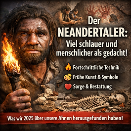 Realistisches Titelbild im Format 1:1: Ein Neandertaler mit Fackel blickt entschlossen nach vorn, im Hintergrund Höhlenkunst, Werkzeugherstellung und eine Bestattungsszene. Große Überschrift: „Der Neandertaler: Viel schlauer und menschlicher als gedacht!“ Symbole verweisen auf fortschrittliche Technik, frühe Kunst und soziale Fürsorge. Unterzeile: „Was wir 2025 über unsere Ahnen herausgefunden haben.“
