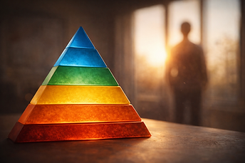 Mehrfarbige, fünfstufige Pyramide aus transparentem Material steht im Vordergrund auf einem Tisch; im warmen Gegenlicht eines Fensters ist im Hintergrund unscharf die Silhouette einer stehenden Person zu erkennen, wodurch eine ruhige, nachdenkliche Atmosphäre entsteht.