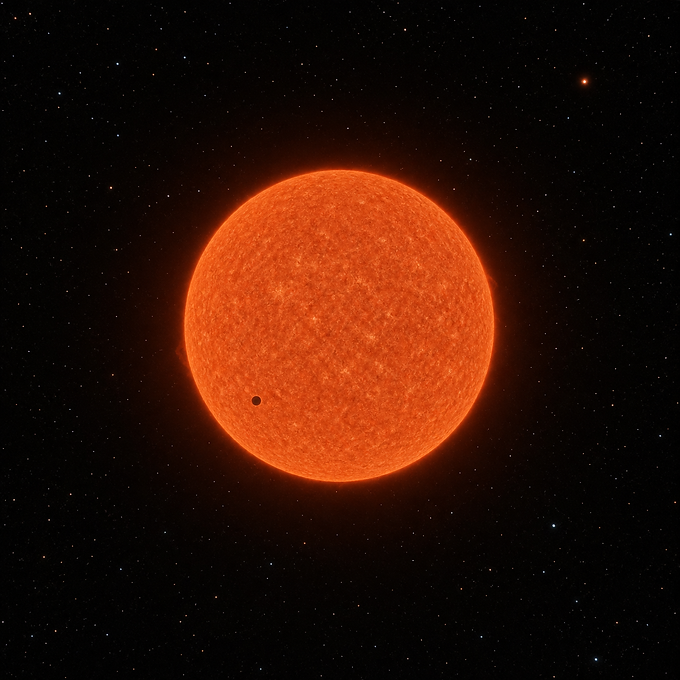 Fotorealistische Darstellung von Lalande 21185 als kleinem orange-rotbraunen nahen Roten Zwerg mit ruhigem Glühen und winzigem innerem Planetenpunkt im schwarzen Weltraum.