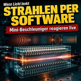 Wissenschaftswelle-Cover mit einem photonischen Mini-Beschleuniger aus transparenten Gitterstrukturen, einem hellen Laserstrahl und sichtbarer softwareartiger Wellenformsteuerung über dem Aufbau.