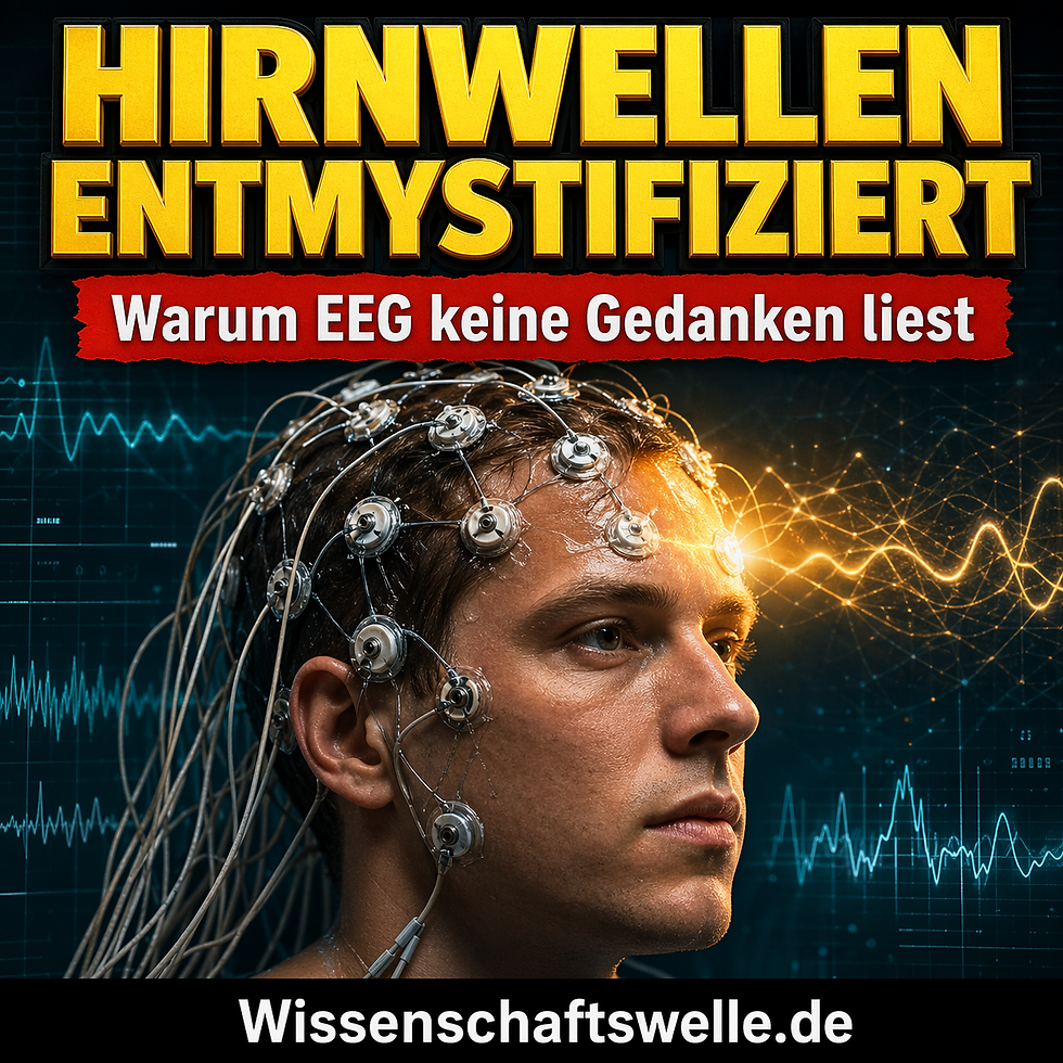 Porträt eines Mannes mit EEG-Elektroden auf der Kopfhaut vor leuchtenden Signalwellen; darüber die Schlagzeile „Hirnwellen entmystifiziert“.
