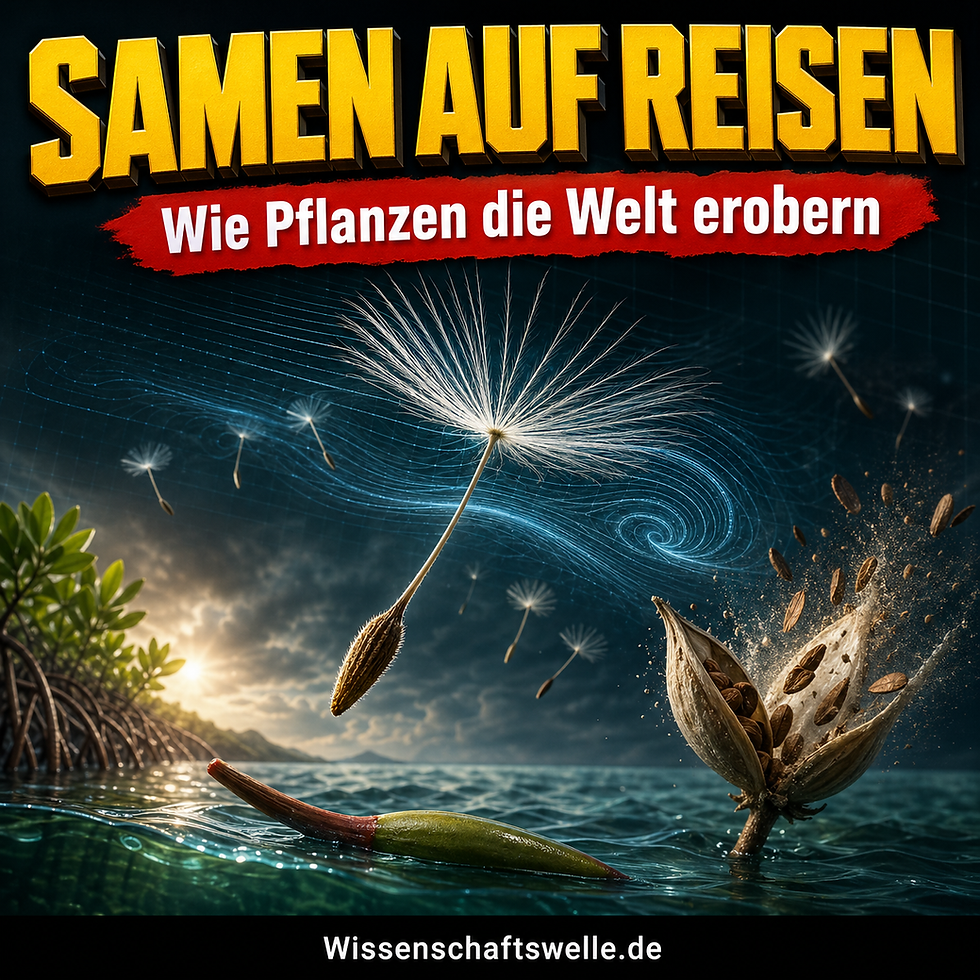Ein Löwenzahnsamen schwebt mit sichtbaren Luftwirbeln über Wasser, daneben treiben Mangrovenpropagulen und eine aufplatzende Samenkapsel schleudert Samen heraus.