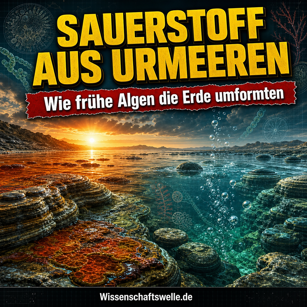 Stilisierte urzeitliche Küstenlandschaft mit Stromatolithen im flachen Meer, aufsteigenden Sauerstoffblasen und dem Titel Sauerstoff aus Urmeeren.