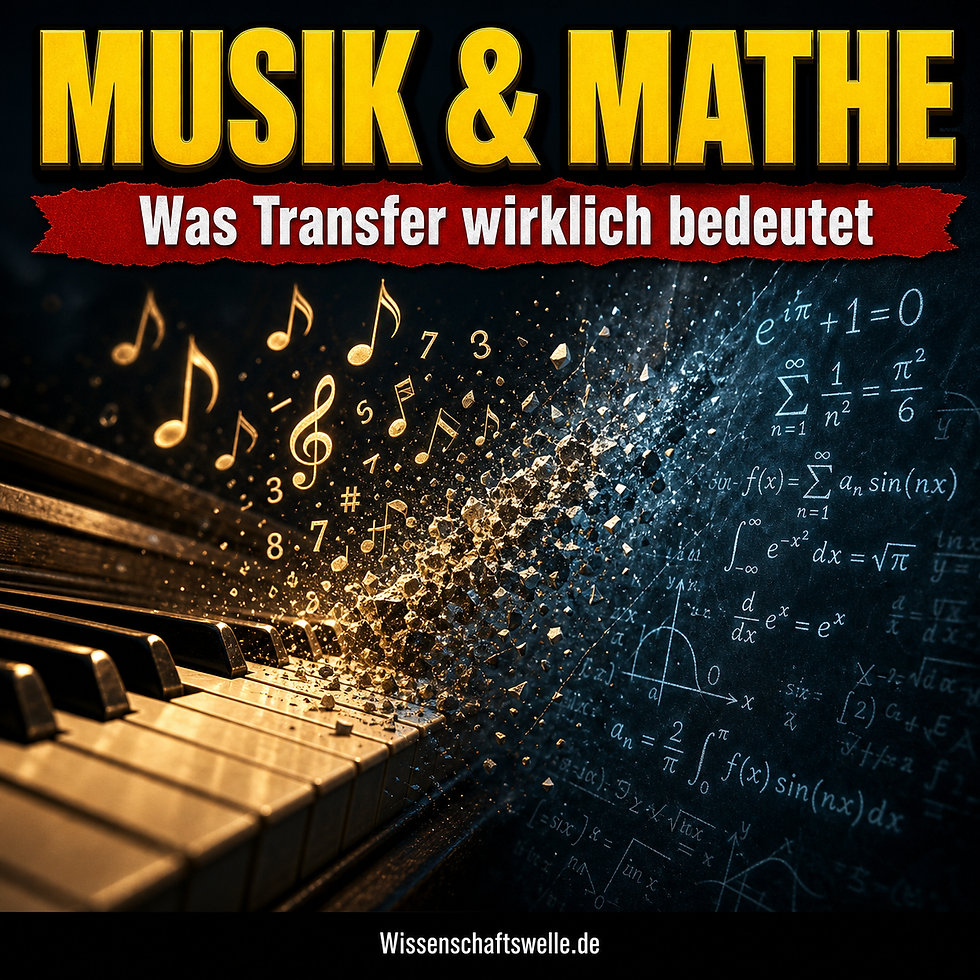 Dramatisch beleuchtete Klaviertasten stoßen auf eine Tafel mit mathematischen Formeln, während leuchtende Zahlen und Noten dazwischen zerbrechen.