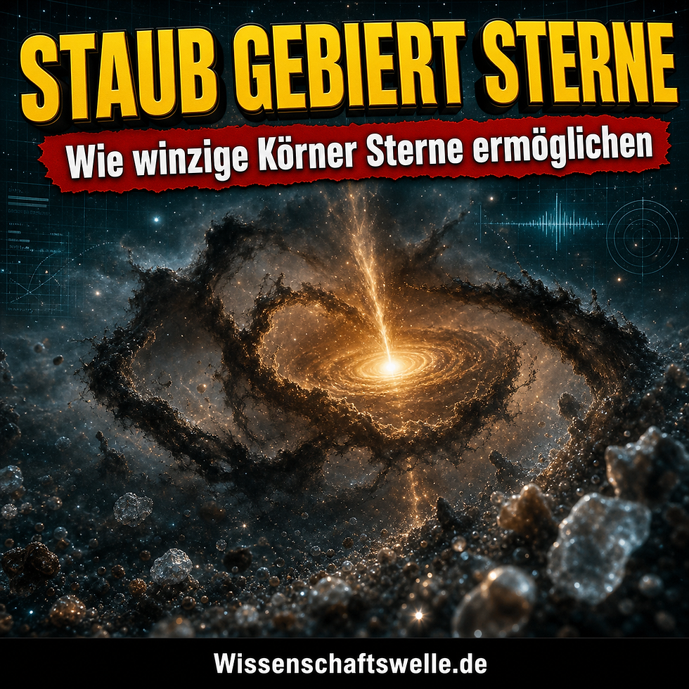 Leuchtender Protostern in einer dunklen, staubigen Molekülwolke; darüber die Titelzeile über interstellaren Staub und Sternentstehung.