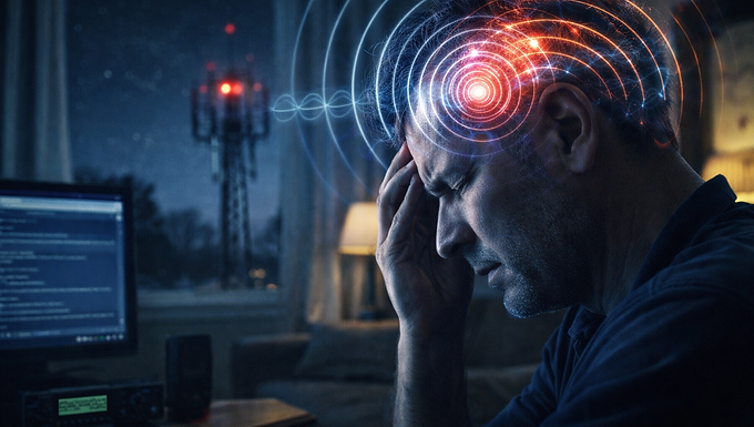 Mann sitzt nachts im Wohnzimmer, hält sich den Kopf, während ein Mobilfunkmast und visualisierte Funkwellen Technikangst und Gedankenkontrolle symbolisieren.