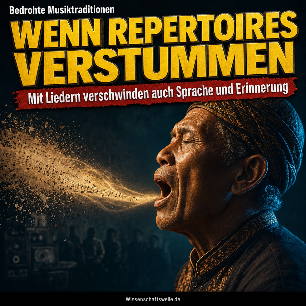 Nahes Profil eines älteren Sängers im Moment des Gesangs; aus seinem Mund strömt eine zerfallende Spur aus Noten und Schrift, darüber eine große gelbe Überschrift zum Verstummen von Repertoires.