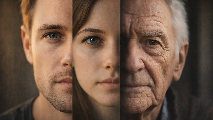 Mehrere Menschen in nahen Porträts mit unterschiedlichen Gesichtsausdrücken blicken ruhig und nachdenklich in die Kamera, weiches natürliches Licht betont ihre individuellen Züge und vermittelt Vielfalt der Persönlichkeit.