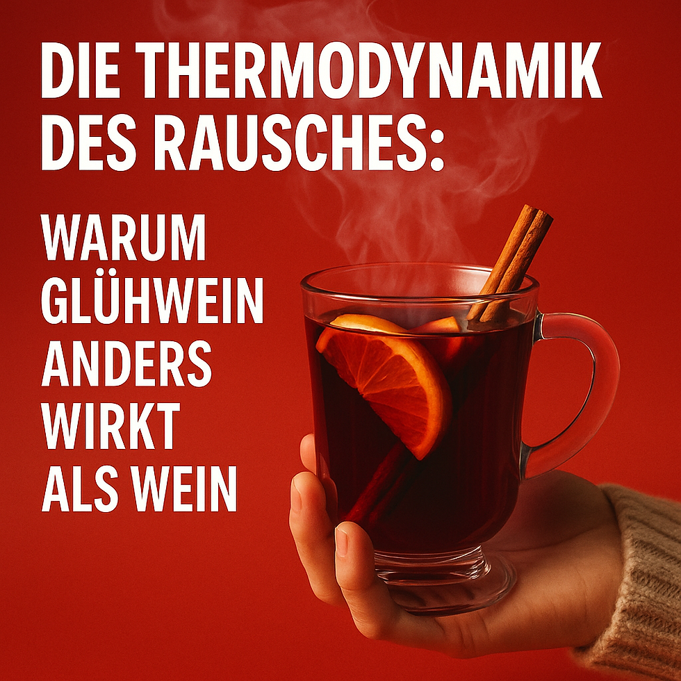 Auf rotem Hintergrund steht in großer weißer Schrift der Titel „Die Thermodynamik des Rausches: Warum Glühwein anders wirkt als Wein“. Rechts hält eine Hand eine gläserne Tasse mit dampfendem Glühwein, darin eine Orangenscheibe und zwei Zimtstangen.