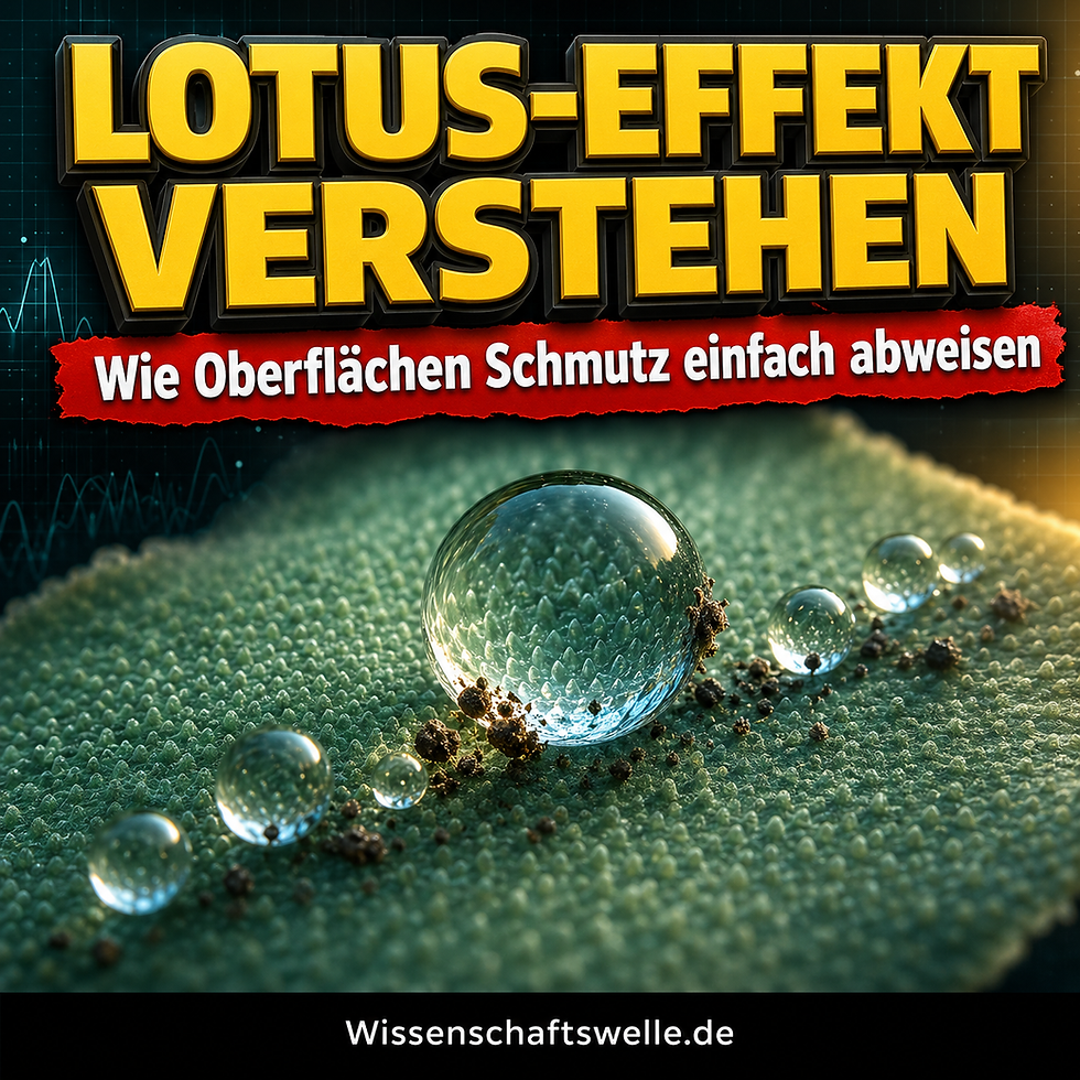 Titelbild zum Lotus-Effekt mit großer gelber Überschrift, rotem Banner und einer makroartig dargestellten Lotusoberfläche, auf der runde Wassertropfen Schmutzpartikel abrollen lassen.