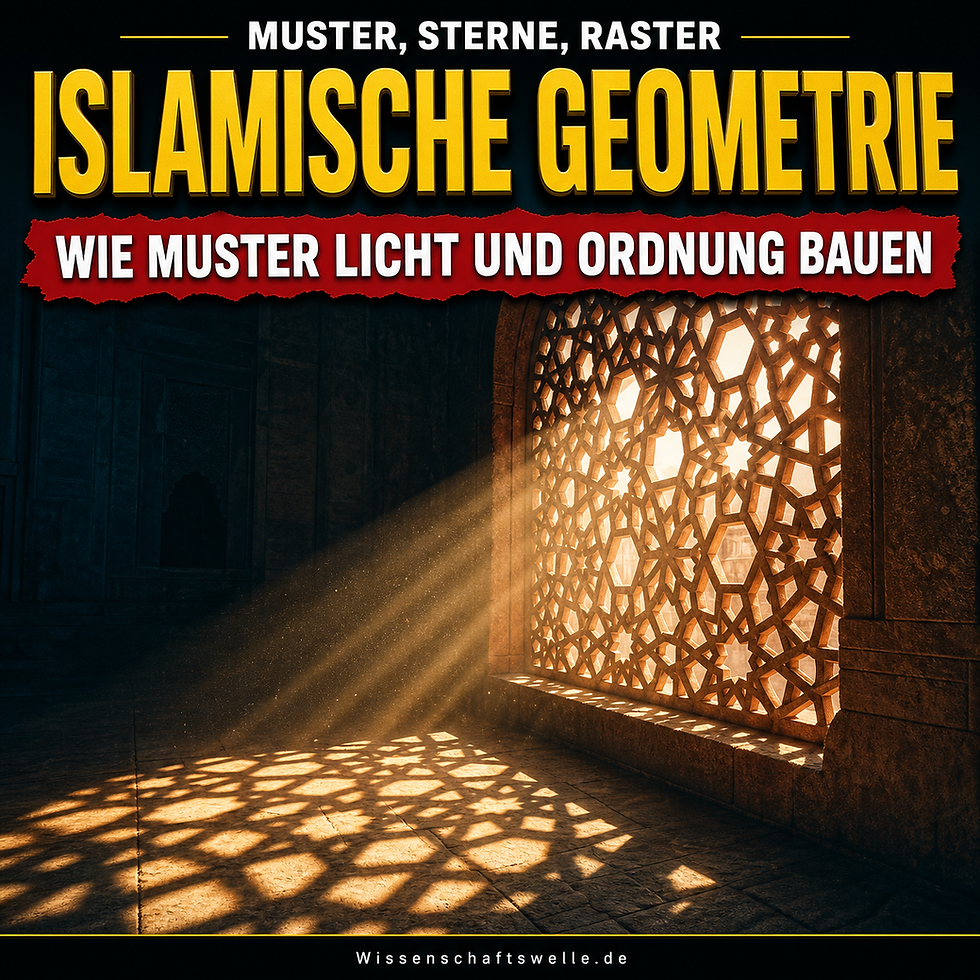 Sonnenlicht fällt durch ein geometrisch geschnitztes jali-Fenster und projiziert Sternmuster auf einen dunklen Steinboden.