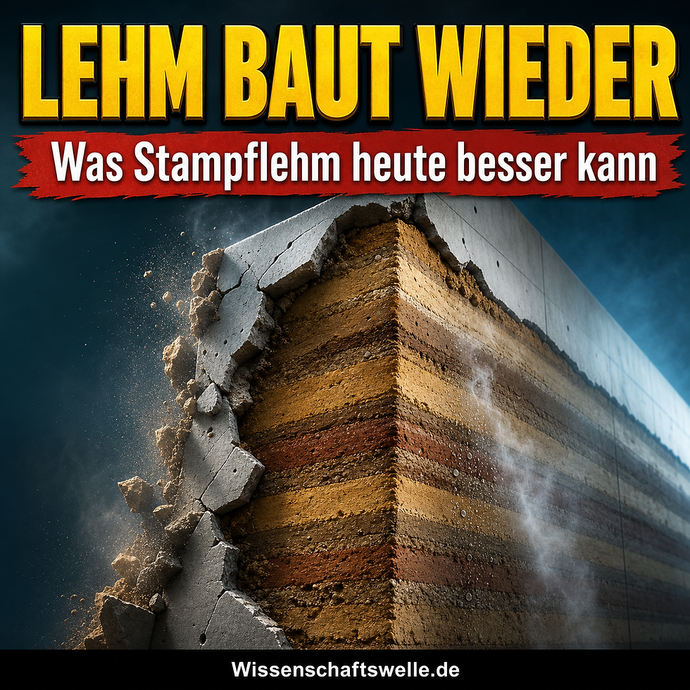 Eine aufgebrochene graue Betonhülle gibt eine geschichtete Stampflehmwand frei; darüber stehen groß die Worte 'Lehm baut wieder' und im roten Banner 'Was Stampflehm heute besser kann'.