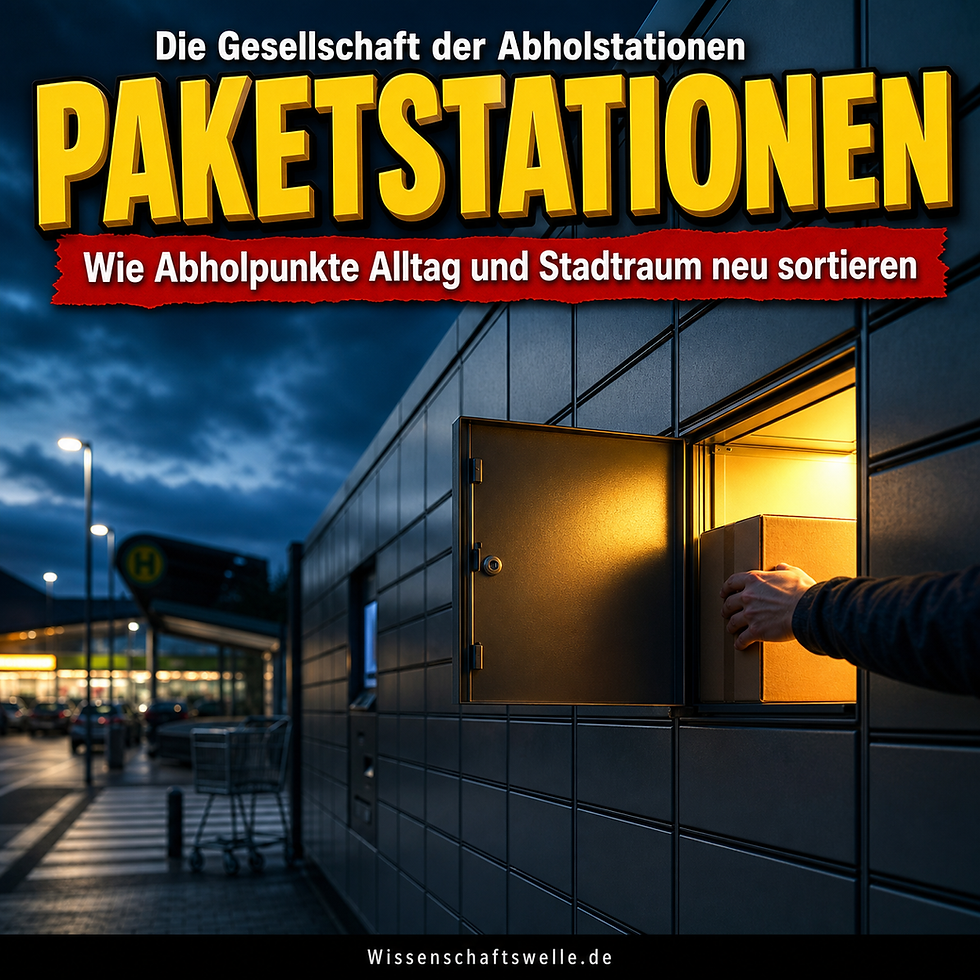 Nächtliche Paketstation neben Supermarkt und Haltestelle; eine geöffnete Klappe leuchtet warm, während eine Hand ein Paket herauszieht.