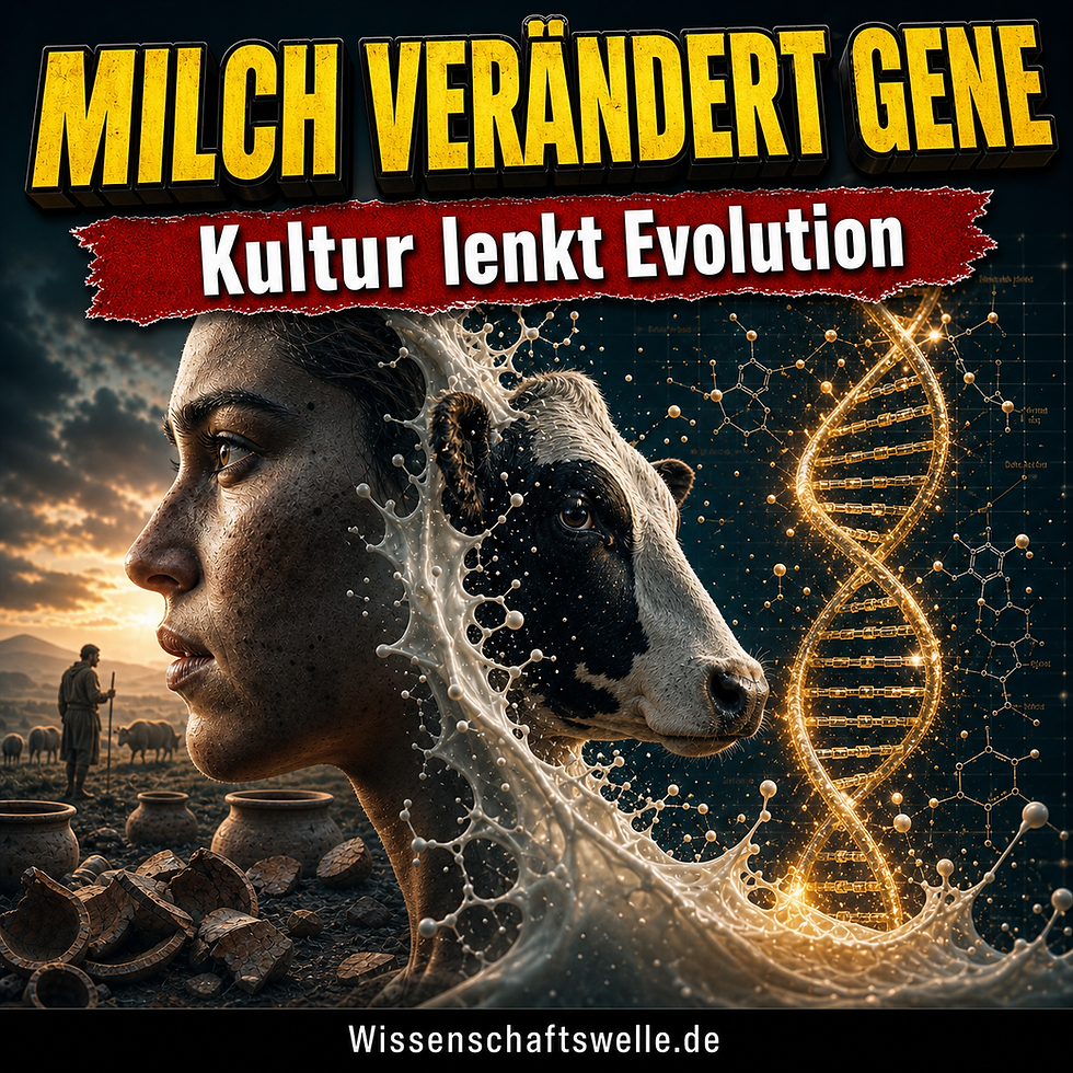 Quadratisches Wissenschaftswelle-Cover mit gelber 3D-Headline über einem Gesicht, einem Milchwirbel und einer leuchtenden DNA-Helix als Bild für Laktasepersistenz und Gen-Kultur-Koevolution.