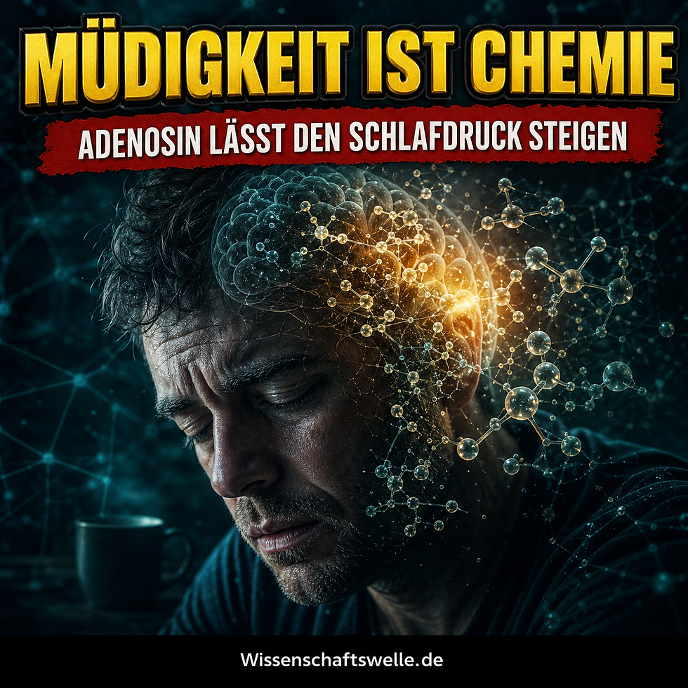 Nahaufnahme eines erschöpften Mannes vor dunklem Hintergrund, überlagert von einem leuchtenden Gehirn und molekularen Strukturen als Visualisierung von Adenosin und wachsendem Schlafdruck.