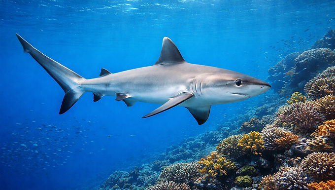 Fotorealistische Unterwasseraufnahme eines Grauen Riffhais in seitlicher Ansicht. Der kräftige Hai mit grauer Oberseite und heller Bauchfärbung schwimmt ruhig durch klares, blaues Meerwasser. Unter ihm erstreckt sich ein farbenreiches Korallenriff mit verschiedenen Hart- und Weichkorallen, während Sonnenstrahlen von der Wasseroberfläche herabfallen und die Szene natürlich ausleuchten.