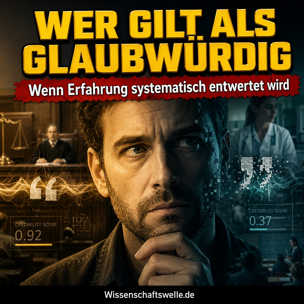 Porträt eines nachdenklichen Menschen zwischen Gerichtssaal, Klinik und Klassenzimmer, darüber die Titelzeile zur epistemischen Ungerechtigkeit.