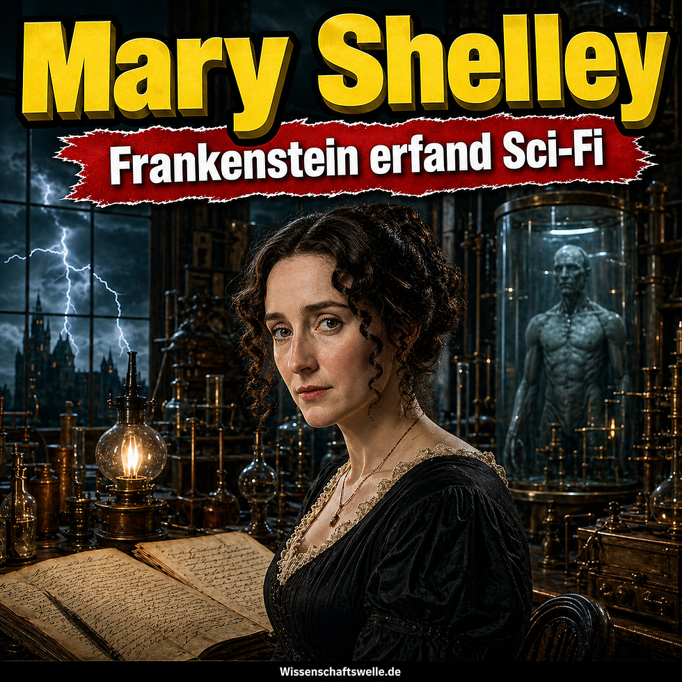 Quadratisches Cover mit Mary Shelley im Vordergrund, einem düster erleuchteten Labor und einer angedeuteten künstlichen Gestalt im Hintergrund, dazu die gelbe Überschrift „Mary Shelley“ und der rote Banner „Frankenstein erfand Sci-Fi“.
