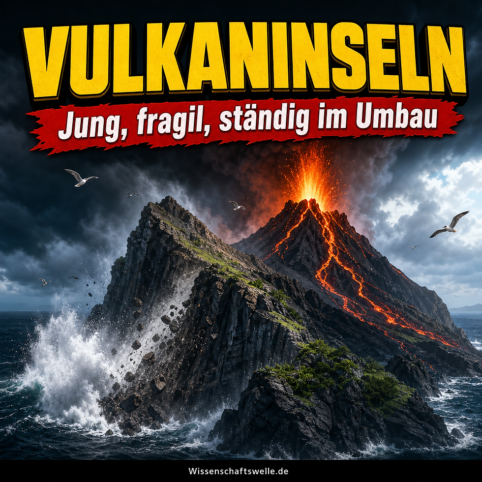 Eruptive junge Vulkaninsel mit schwarzer Lavaküste, einstürzender Brandungsflanke und ersten grünen Vegetationsflecken unter dramatischem Himmel.