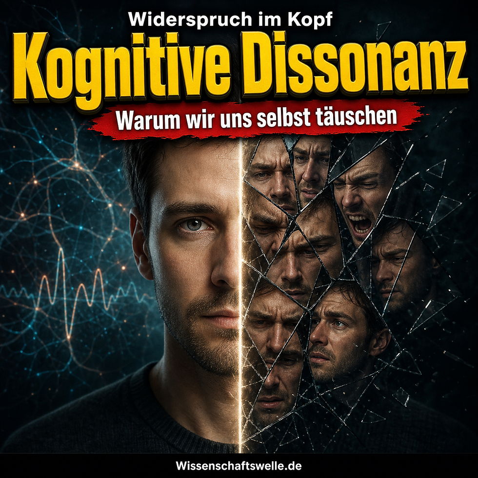 Quadratisches Wissenschaftswelle-Cover mit der Überschrift „Kognitive Dissonanz“, dem Zusatz „Widerspruch im Kopf“ und dem Banner „Warum wir uns selbst täuschen“. Im Zentrum steht ein realistisch dargestelltes Männergesicht, dessen rechte Hälfte in gesplitterten Spiegelstücken mit widersprüchlichen Gesichtsausdrücken zerfällt.