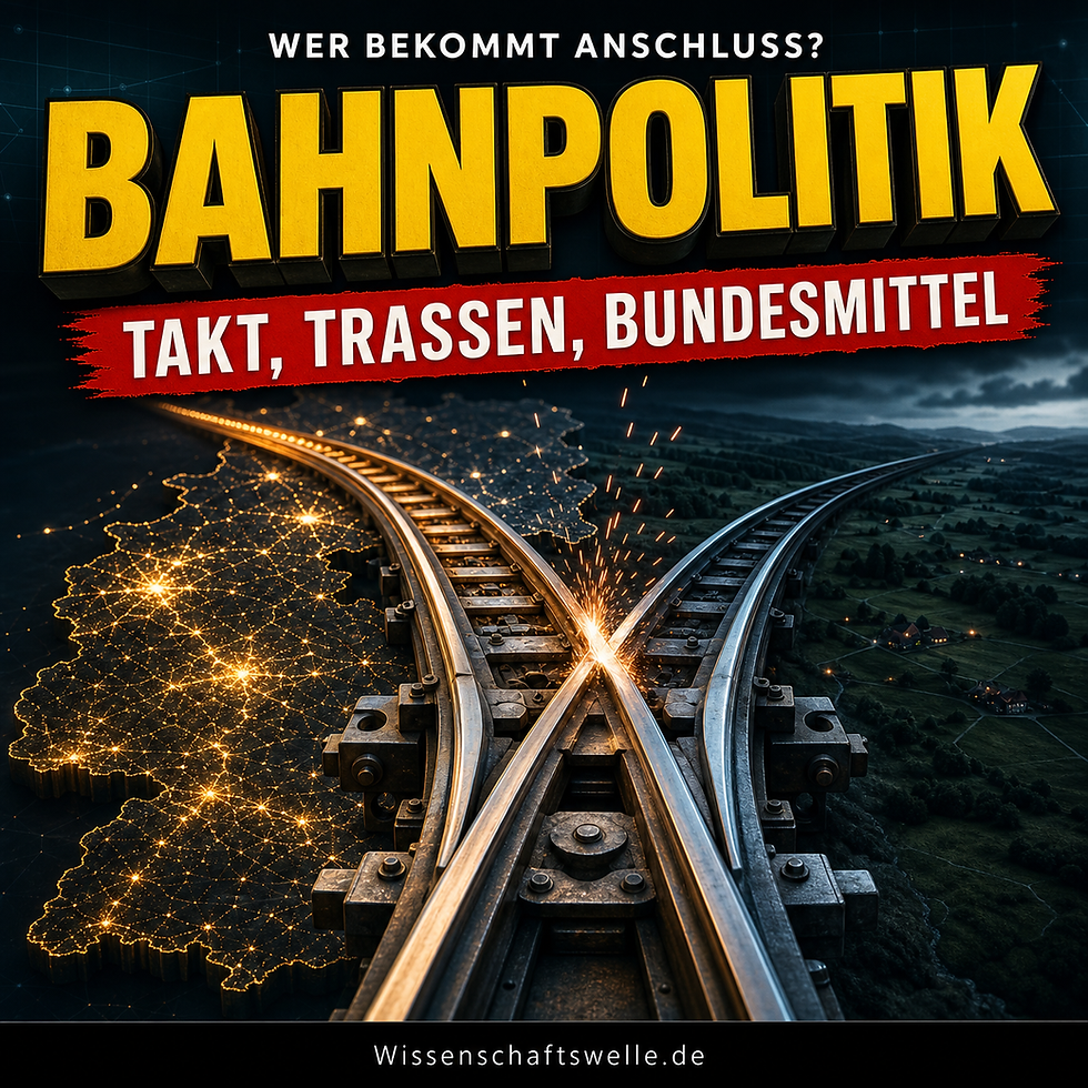 Eine riesige Bahnweiche teilt sich vor einer leuchtenden Deutschlandkarte in eine helle und eine dunkle Strecke; darüber stehen die Worte „Wer bekommt Anschluss?“, „Bahnpolitik“ und „Takt, Trassen, Bundesmittel“.