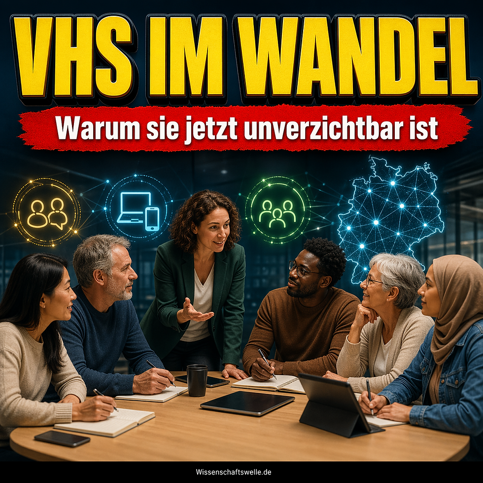 Erwachsene Lernende unterschiedlichen Alters sitzen in einer modernen Volkshochschule an einem Tisch, während eine Dozentin erklärt; darüber stehen die Worte „VHS im Wandel“ und auf einem roten Banner „Warum sie jetzt unverzichtbar ist“.