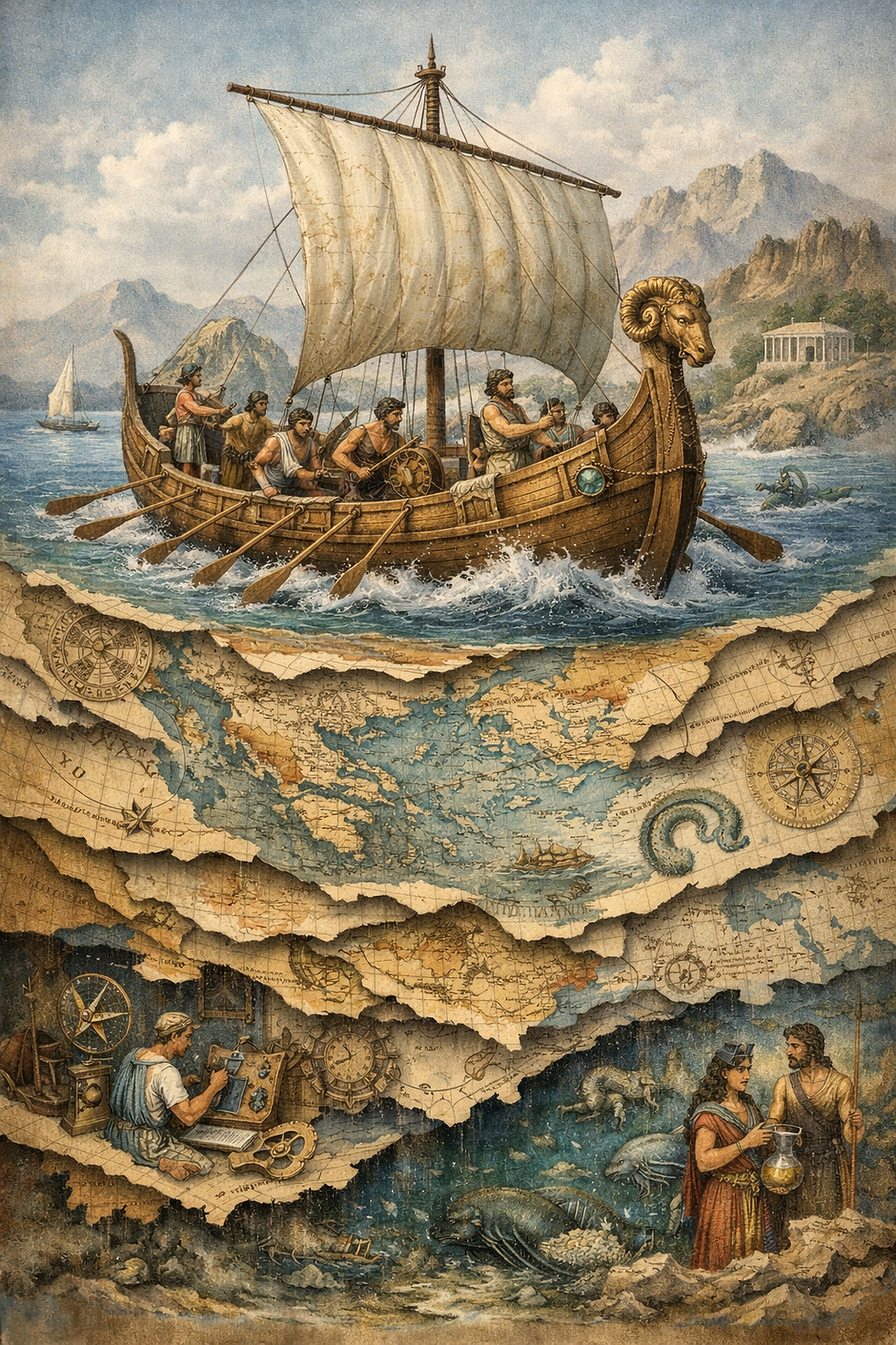 Illustration des antiken Schiffs Argo, das mit einer Mannschaft griechischer Helden durch bewegte See fährt, während es über einer geschichteten antiken Karte schwebt; die übereinanderliegenden Karten, Texte und Symbole verweisen auf die vielschichtige Überlieferung des Argonautenmythos als Expedition ins Unbekannte und als kulturelle Vernetzung der griechischen Welt.