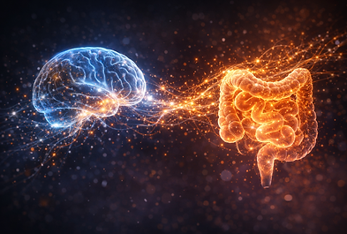 Ein fotorealistisches 16:9-Bild, das eine abstrakte, leuchtende Verbindung zwischen einem menschlichen Gehirn und einem gewundenen Darmtrakt darstellt. Beide Organe schweben in einem dunklen, fast schwarzen Raum und sind durch ein dichtes Netz aus feinen, glühenden Nervenfasern und Lichtpunkten miteinander verbunden, die wie Datenströme wirken. Das Gehirn und der Darm leuchten in sanften Blau- und Goldtönen, wobei die Textur organisch und detailreich wirkt. Das Bild vermittelt eine Atmosphäre von Intelligenz, Vernetzung und biologischer Harmonie, ohne dass Schrift oder erklärende Symbole zu sehen sind.