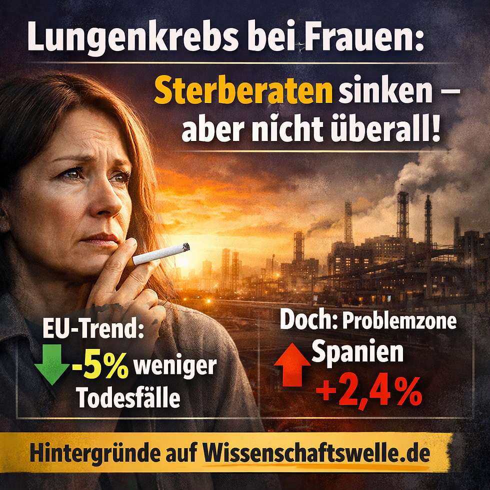 Titelbild zum Thema Lungenkrebs bei Frauen in Europa: Eine nachdenkliche, mittelalte Frau hält eine Zigarette vor einem düsteren Industrie- und Stadthintergrund. Große Überschrift: „Lungenkrebs bei Frauen: Sterberaten sinken – aber nicht überall!“ Visualisierte Kernaussagen: EU-Trend mit grünem Pfeil „–5 % weniger Todesfälle“ und roter Warnhinweis „Spanien +2,4 %“. Hinweis unten: „Hintergründe auf Wissenschaftswelle.de“.