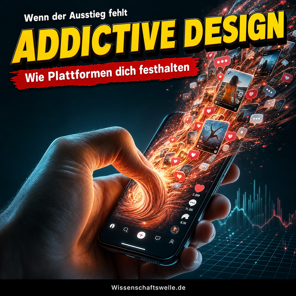 Eine Hand scrollt auf einem Smartphone in einen wirbelnden Strom aus Likes, Benachrichtigungen und Videokacheln als Sinnbild für bindendes Plattformdesign.