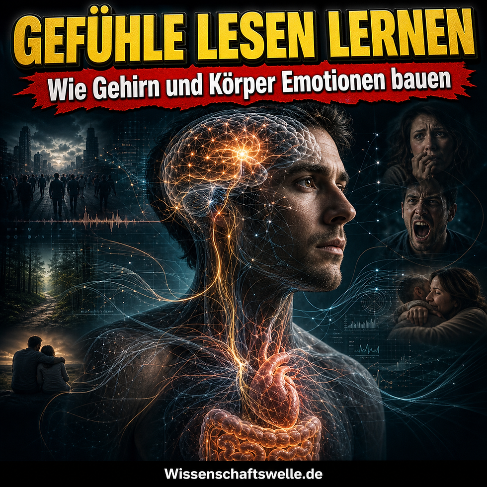 Quadratisches Cover mit gelber Überschrift „Gefühle lesen lernen“, rotem Banner „Wie Gehirn und Körper Emotionen bauen“ und einem zentralen menschlichen Profil, in dem leuchtende Nervenbahnen Gehirn, Herz und Darm sichtbar verbinden.