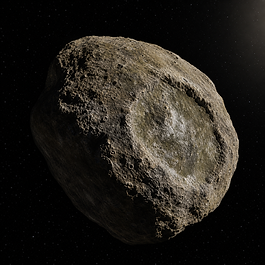 Fotorealistische Nahansicht des Asteroiden Juno mit unregelmäßiger steiniger Form, hellem silikatreichem Terrain und einem großen flachen Einschlagsbecken im Sonnenlicht vor schwarzem Weltraum.