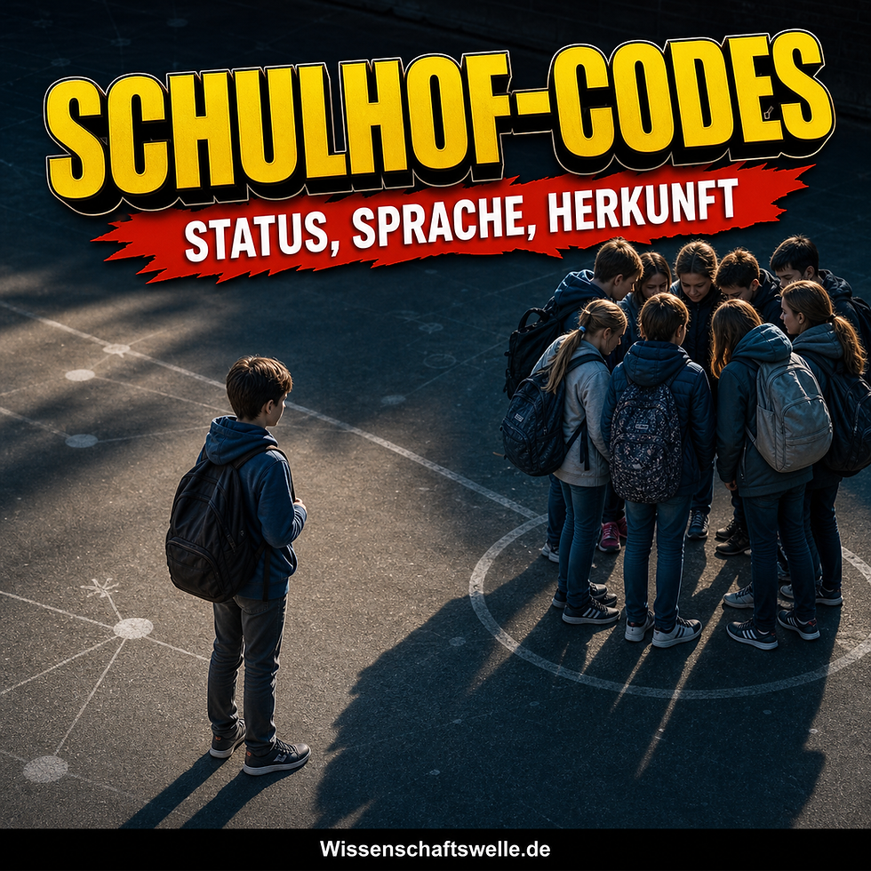 Ein einzelner Schüler steht auf einem dunklen Schulhof am Rand einer dichten Kindergruppe; darüber steht „SCHULHOF-CODES“, darunter im roten Banner „STATUS, SPRACHE, HERKUNFT“.