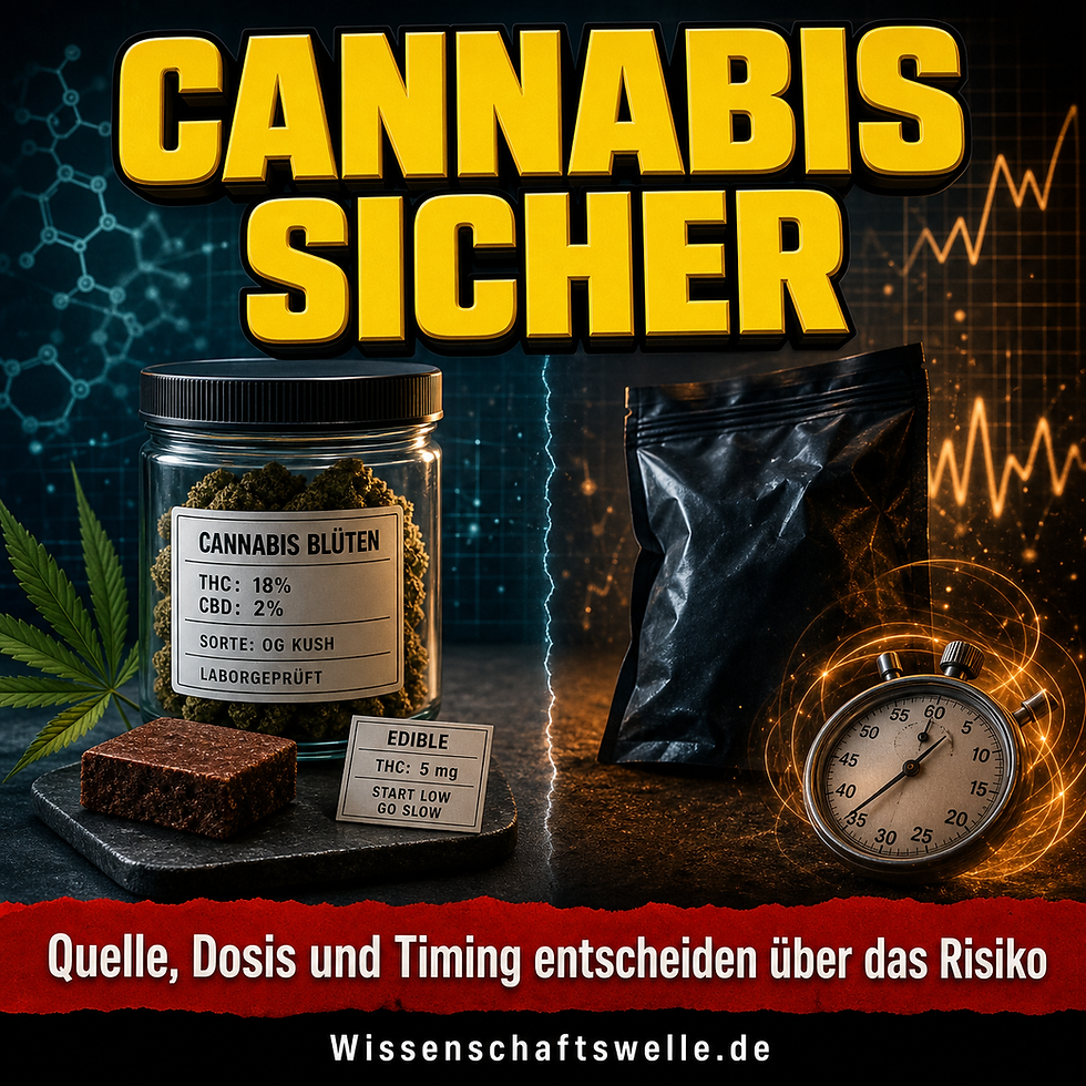 Quadratisches Titelbild mit der Headline 'Cannabis sicher', einem beschrifteten Cannabisglas und einem portionierten Edible links sowie einer anonymen schwarzen Tüte und einer leuchtenden Stoppuhr rechts.
