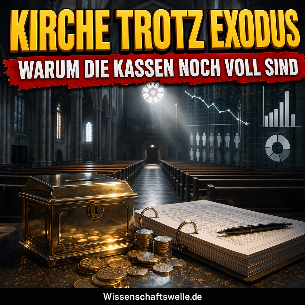 Quadratisches Cover mit einem leeren, dramatisch ausgeleuchteten Kirchenraum, einem leuchtenden Finanzbuch und dezenten Euro-Reflexen im Vordergrund sowie der gelben Überschrift „KIRCHE TROTZ EXODUS“ und dem roten Banner „WARUM DIE KASSEN NOCH VOLL SIND“.
