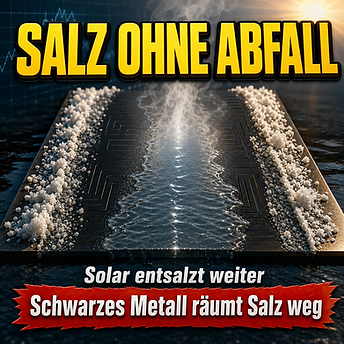 Wissenschaftswelle-Cover mit einer schwarzen, laserstrukturierten Metallplatte, über die Meerwasser als dünner Film nach oben läuft, während sich Salz seitlich sammelt und Wasserdampf in Sonnenlicht aufsteigt.