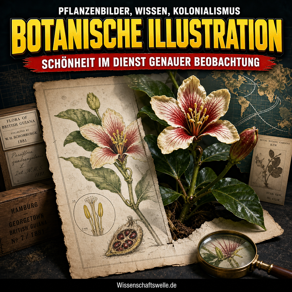 Quadratisches Cover mit einer historischen botanischen Zeichnung und einer realen Blüte derselben Pflanze nebeneinander, darüber die gelbe Überschrift „BOTANISCHE ILLUSTRATION“ und der rote Banner „SCHÖNHEIT IM DIENST GENAUER BEOBACHTUNG“.