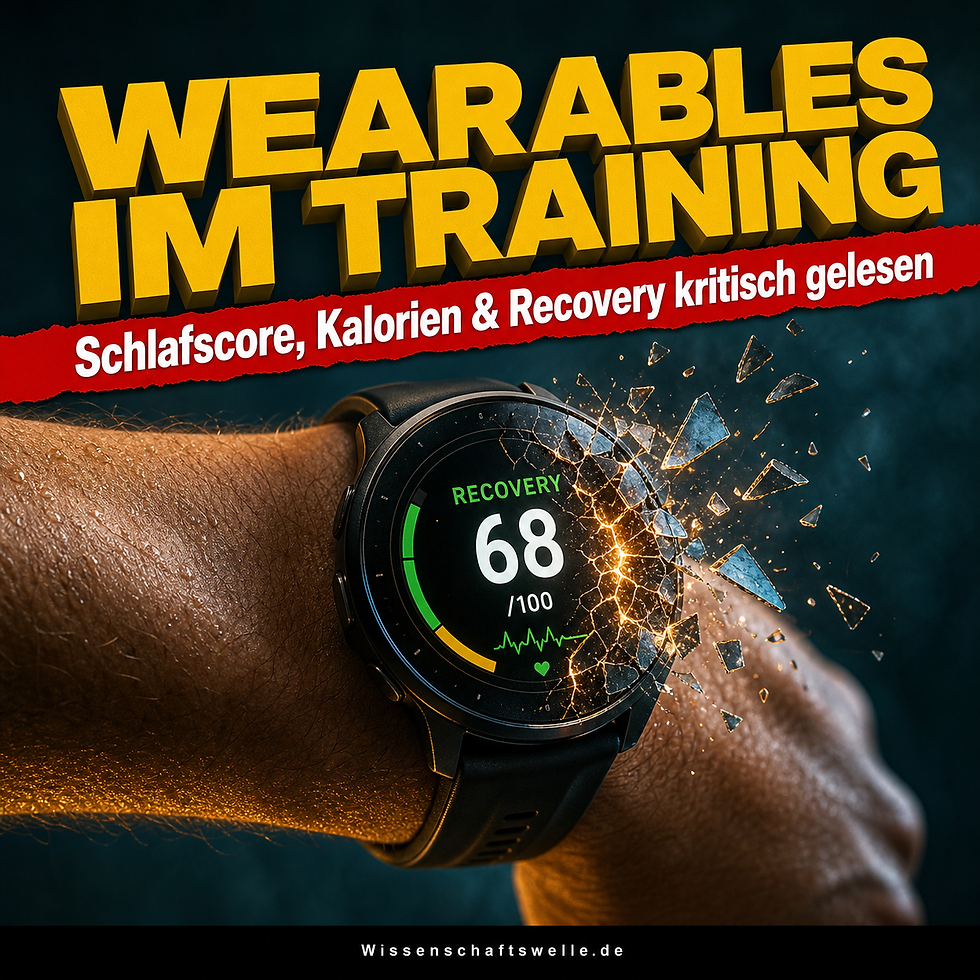 Nahaufnahme eines Handgelenks mit Smartwatch, deren Recovery-Anzeige aufbricht und zersplittert; darüber die Überschrift zu Wearables im Training.