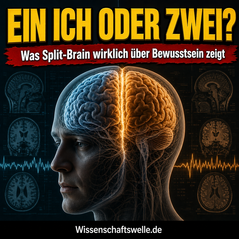 Quadratisches Titelbild mit dem Profil eines menschlichen Kopfes, sichtbar getrennten Hirnhälften, gelber Überschrift „EIN ICH ODER ZWEI?“ und rotem Banner zum Split-Brain-Bewusstsein.