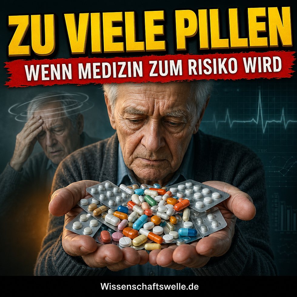 Ein älterer Mann hält eine große Menge Tabletten und Blisterpackungen in den Händen, während im Hintergrund Schwindel und medizinische Monitordaten angedeutet werden.
