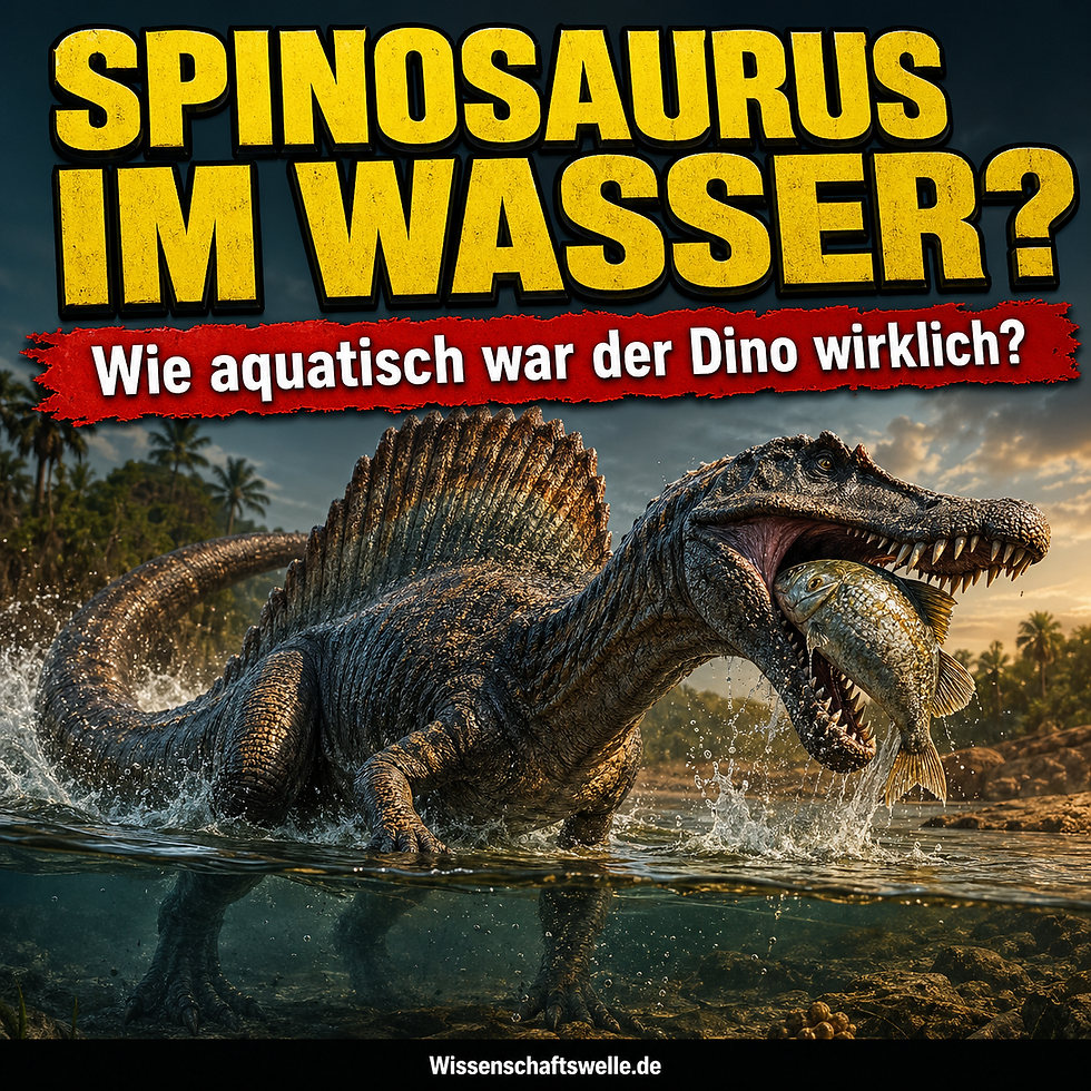 Quadratisches Cover mit einem halb im Wasser stehenden Spinosaurus, der einen Fisch im Maul hält, großer gelber Überschrift „SPINOSAURUS IM WASSER?“ und rotem Banner „Wie aquatisch war der Dino wirklich?“.