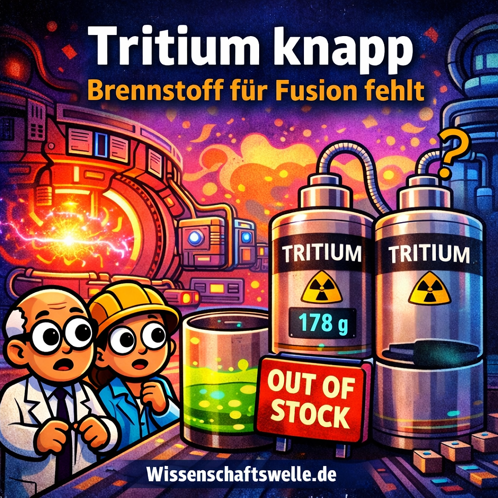 Cartoonhaftes Sci-Fi-Thumbnail mit leuchtendem Fusionsreaktor links und zwei großen Tritium-Tanks rechts; davor ein Schild „OUT OF STOCK“. Oben steht „Tritium knapp – Brennstoff für Fusion fehlt“, unten „Wissenschaftswelle.de“, dazu Fragezeichen und bunte Neon-Partikel im Hintergrund.