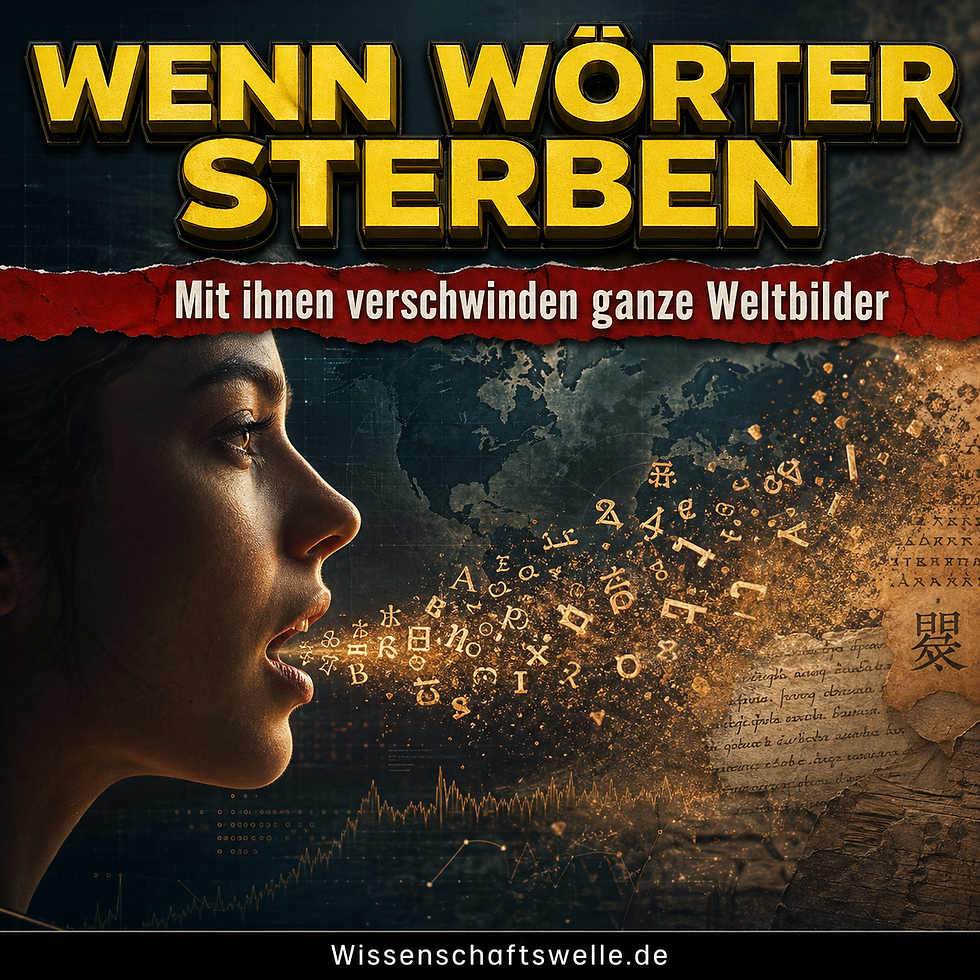 Das Profil einer sprechenden Person, aus deren Mund leuchtende Buchstaben und Schriftzeichen über eine Weltkarte hinweg zu Staub zerfallen.